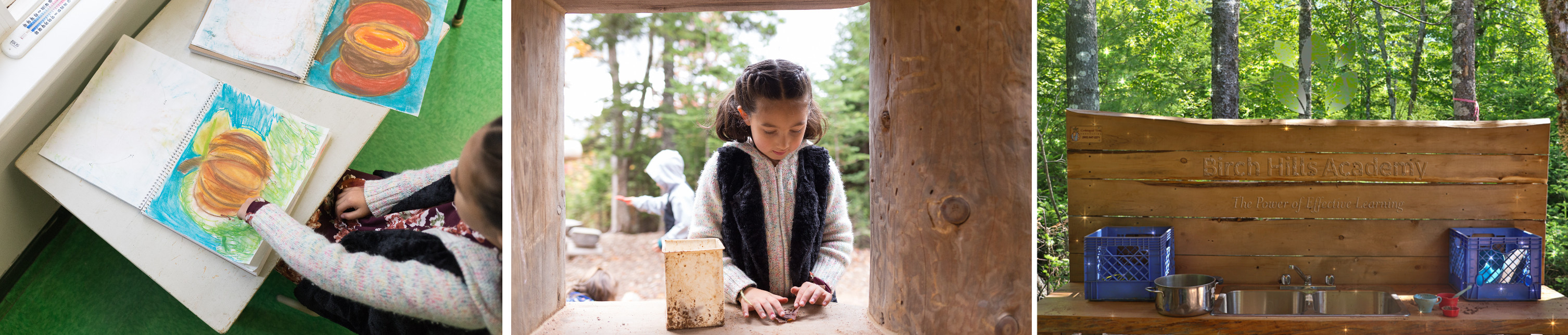 series of 3 photos of a little girl learning and playing in nature